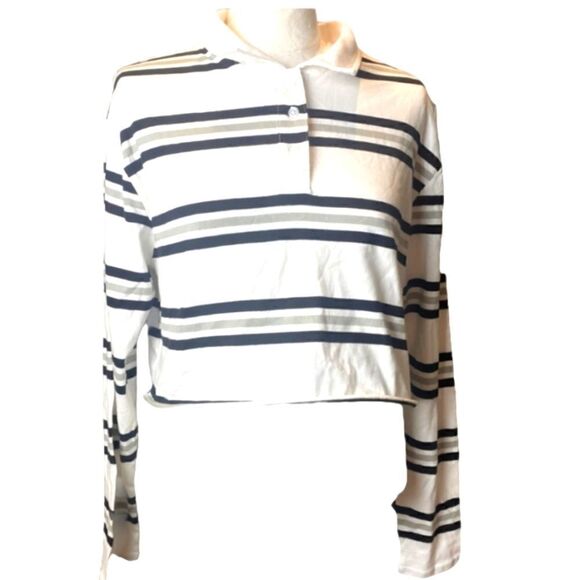 NWT CRAVE FAME CROP STRIPED LONG SLEEVE POLO SHIRT 100% COTTON SZ. L - Picture 1 of 5
